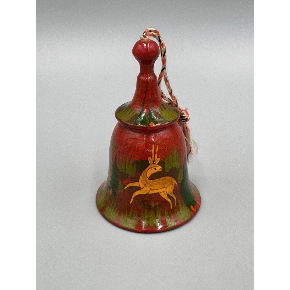 Hand Painted Folk Art Style Bell W/ Running Reindeer Design Bell READ‎ DETAILS